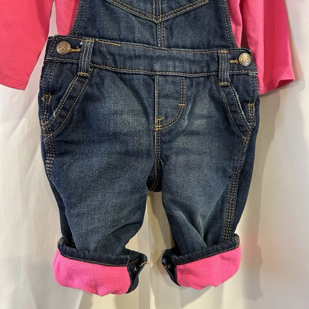 Oshkosh Girls 6 Months Blue Denim‎ Overalls Fleece Lined Pink Bibs